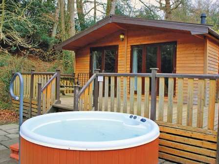 Hot tub with lodge at Sandy Balls Holiday Village