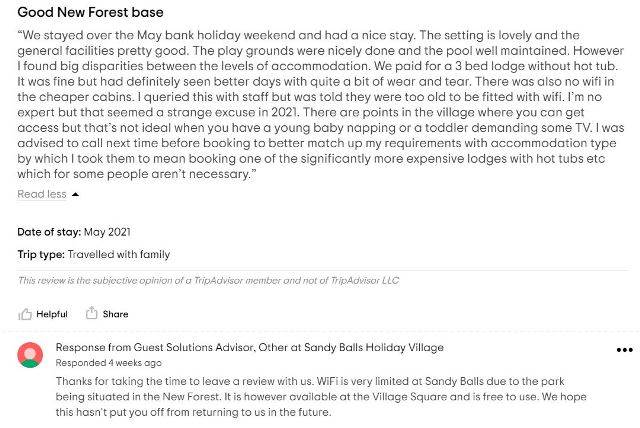 Three star review of Sandy Balls holiday village from TripAdvisor