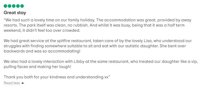 Five star review of Tattershall Lakes holiday park